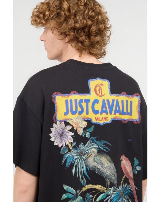 Roberto Cavalli Black T-Shirt With Floral And Tropical Bird Print for men