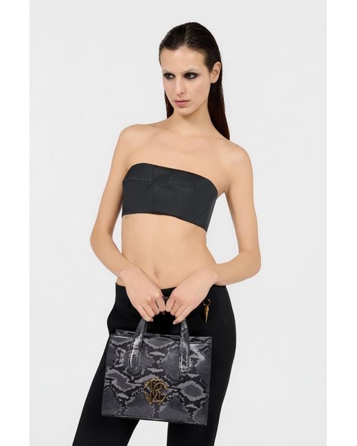 Roberto Cavalli Black Snake Print Shopping Bag