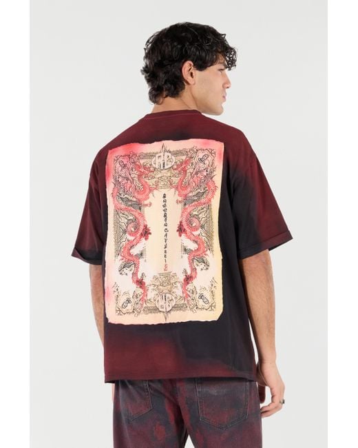 Roberto Cavalli Red Mottled Effect T-Shirt With Dragons And Logo for men