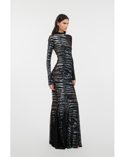 Roberto Cavalli Black Long See-Through Dress With Zebra Pattern