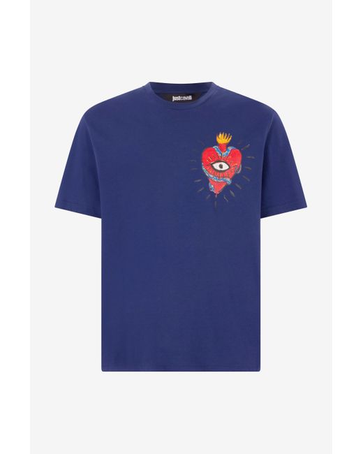 Roberto Cavalli Blue T-Shirt With Heart And Snake for men