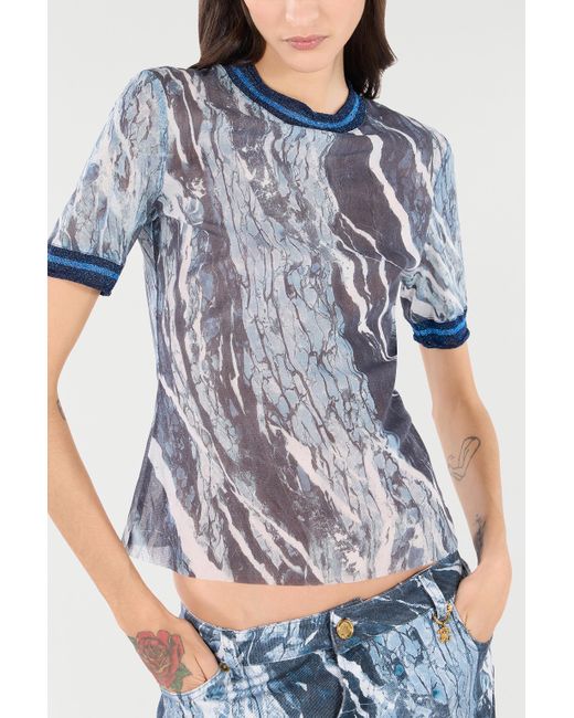T-Shirt À Imprimé Marble Et Bords Pailletés Roberto Cavalli en coloris Blue