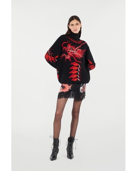 Roberto Cavalli Red Long Sweater With Pattern And Dragon