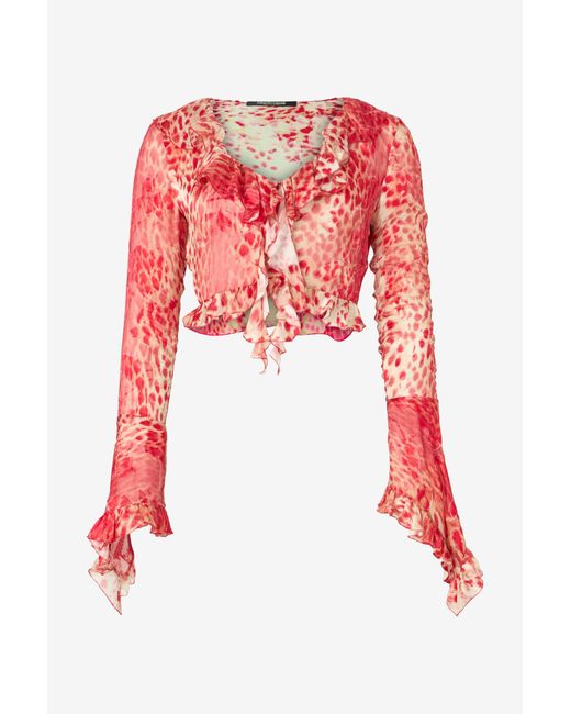 Roberto Cavalli Red Crop Top With Ruffle And Jaguar Skin Print