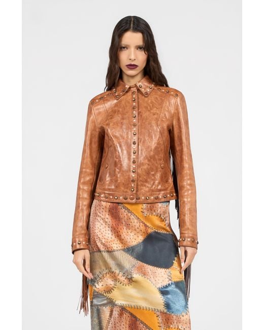 Roberto Cavalli White Leather Jacket With Fringes And Studs