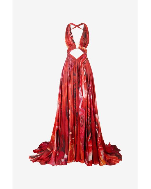 Roberto Cavalli Red Long Dress With Rose Print And Cut-Out