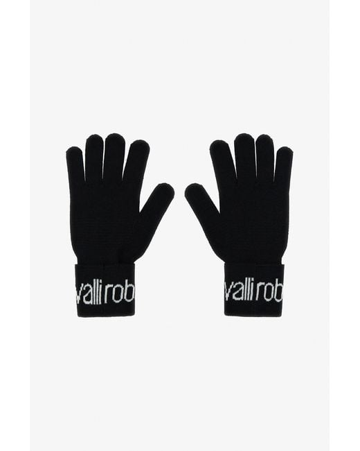 Guantes De Mezcla De Lana Con Logo Roberto Cavalli de color Black