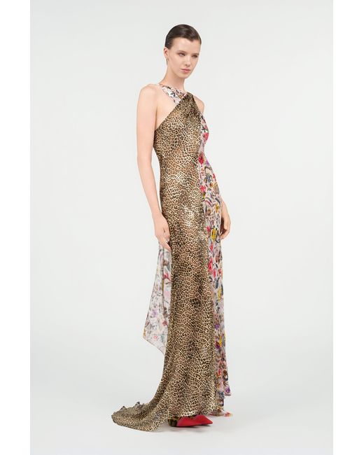 Roberto Cavalli White Long Chiffon Dress With Florentine Flowers Print