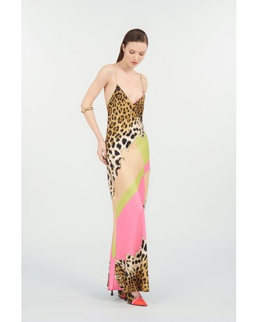Roberto Cavalli White Long Silk Dress With Cavalli Pop Print