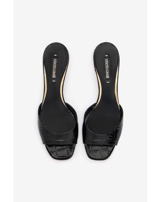Roberto Cavalli Black Mules With Thick Golden Heel