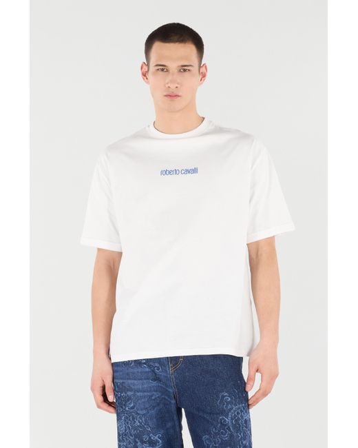 Roberto Cavalli White Cotton T-Shirt With Dragon And Logo for men