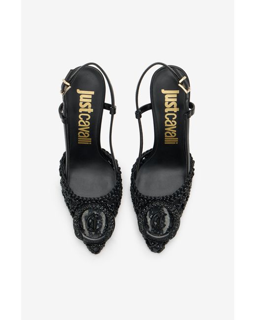 Roberto Cavalli Black Slingback Heels With Braided Design
