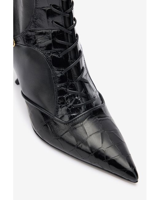 Roberto Cavalli Black Crocodile-Effect Lace-Up Ankle Boots