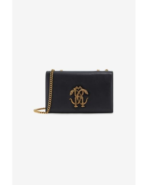 Roberto Cavalli Black Shoulder Bag With Monogram Mirror Snake