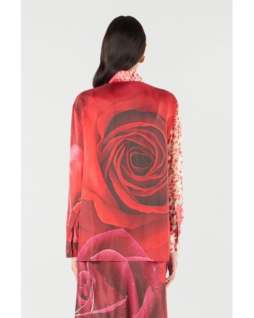 Roberto Cavalli Red Shirt With Jaguar Skin And Rose Print