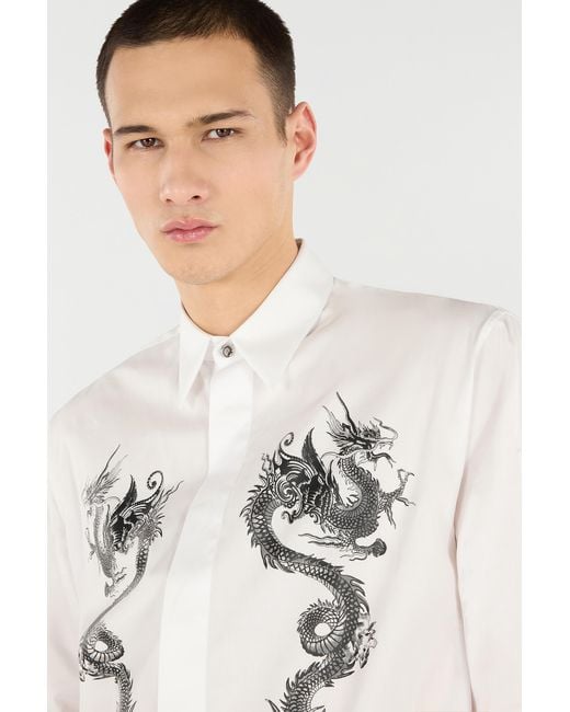 Roberto Cavalli White Cotton Shirt With Dragons for men