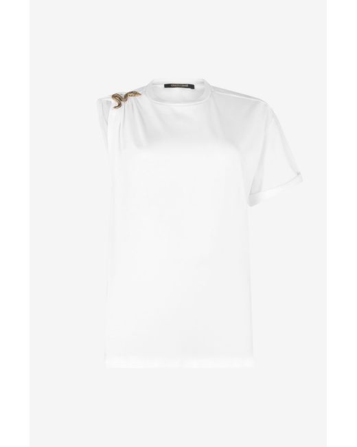 Roberto Cavalli White Asymmetric T-Shirt With Snake Motif
