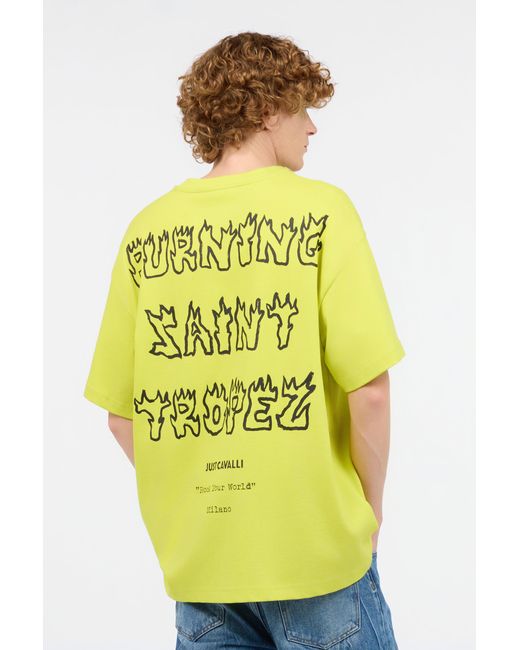Roberto Cavalli Yellow T-Shirt With Flaming Lettering for men