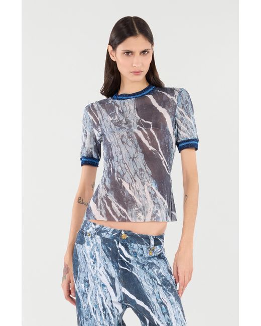 T-Shirt À Imprimé Marble Et Bords Pailletés Roberto Cavalli en coloris Blue