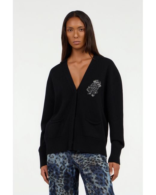 Roberto Cavalli Black Cardigan With Monogram Mirror Snake