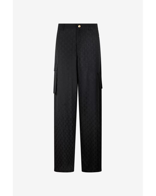 Roberto Cavalli Black Silk Cargo Trousers With Monogram Rc