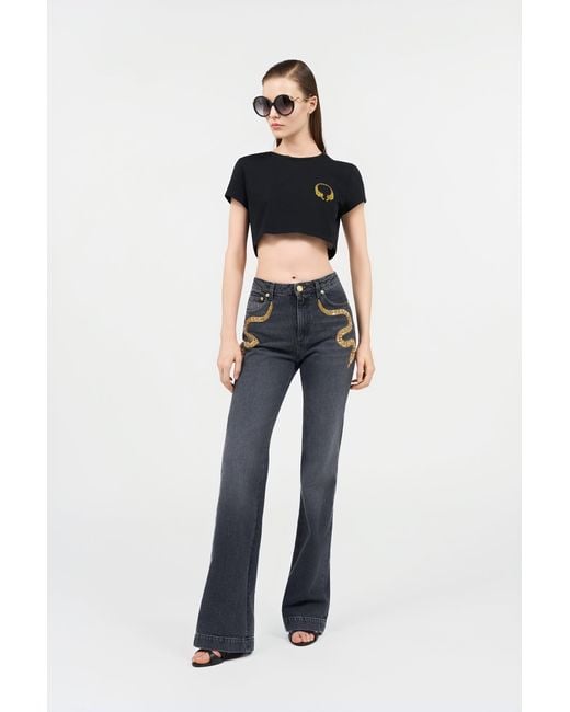 Roberto Cavalli Black Cotton Crop Top With Tigers