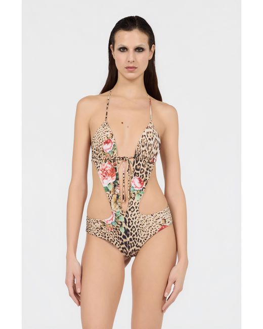 Roberto Cavalli White Jaguar Roses Print One-Piece Swimsuit