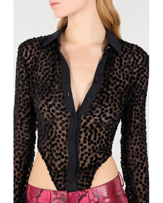 Roberto Cavalli Black Polka-Dot Shirt-Style Bodysuit
