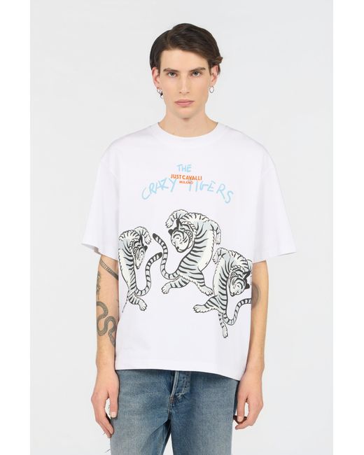 Roberto Cavalli White T-Shirt With Printed Tigers for men