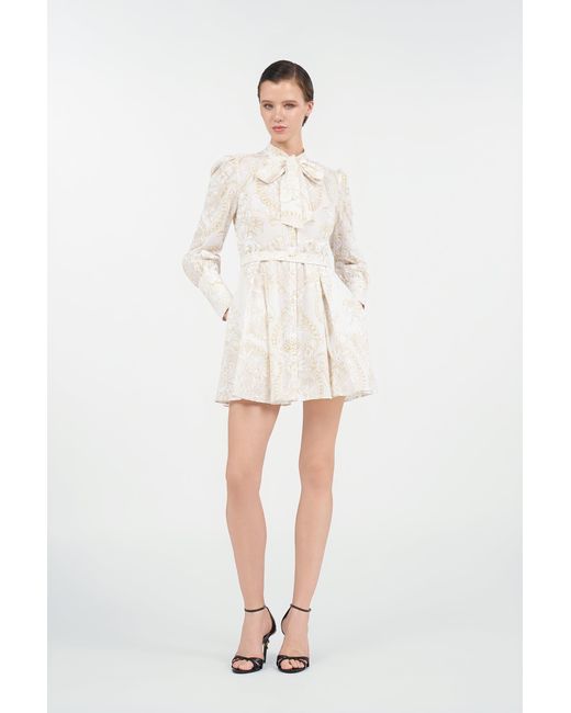 Roberto Cavalli Natural Short Silk Dress With Ornamental Motif