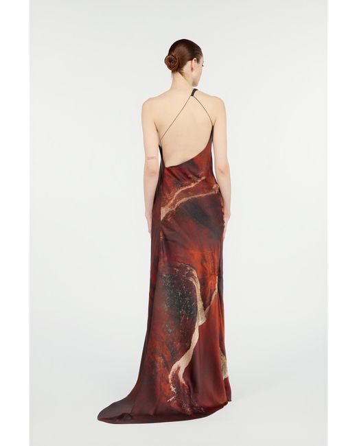 Roberto Cavalli Red Long Silk Dress With Marble Print