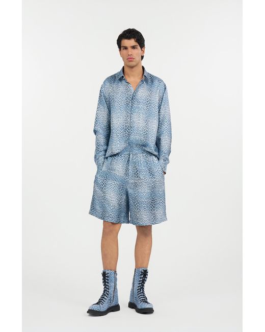 Roberto Cavalli Blue Silk Shirt With Baby Jaguar Print for men