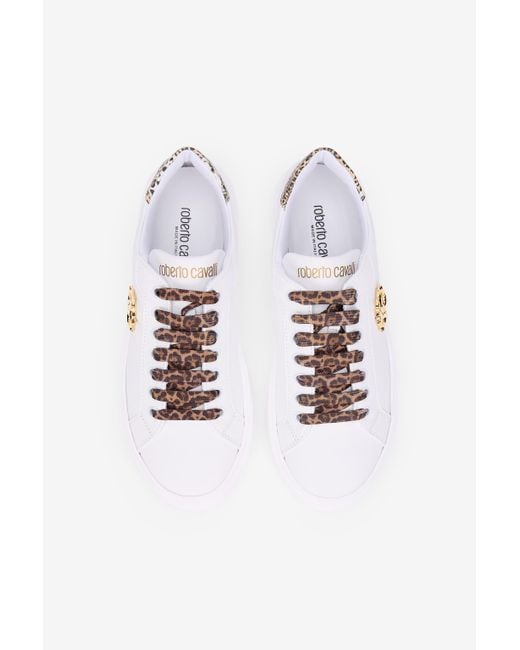 Roberto Cavalli Multicolor Weiße Sneaker Mit Leoparden-Print Und Rc Monogramm