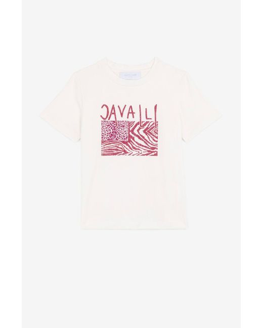Roberto Cavalli Pink T-shirt mit logo und animalischem patchwork-print