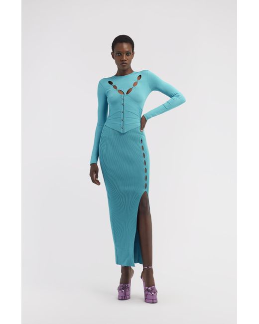 Roberto Cavalli Blue Ribbed Long Skirt With Cut-Out