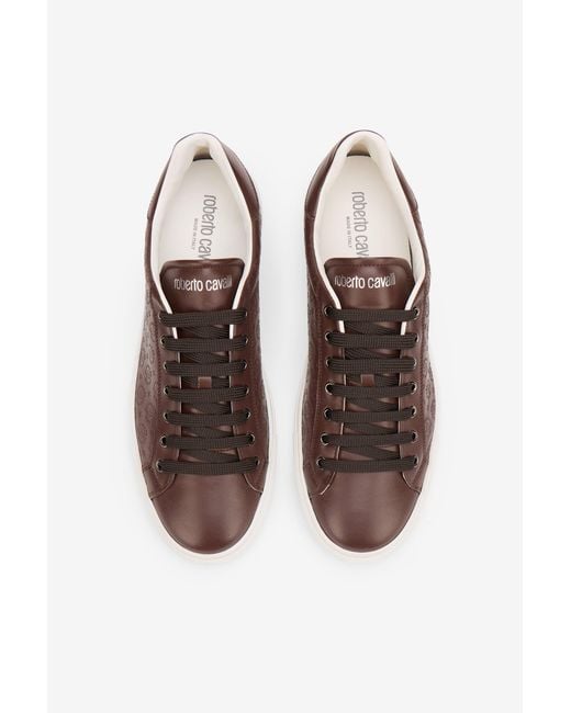 Roberto Cavalli Brown Leather Sneakers With Monogram Pattern for men