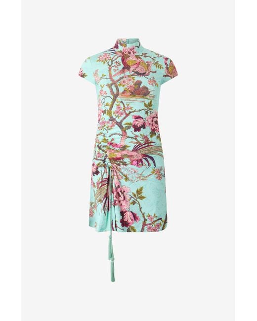 Roberto Cavalli Blue Mini Dress With Oriental Bird Print
