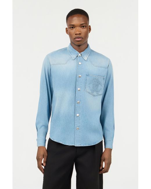 Roberto Cavalli Blue Denim Shirt With Mirror Snake Monogram for men