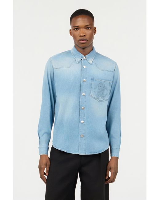 Roberto Cavalli Blue Denim Shirt With Mirror Snake Monogram for men