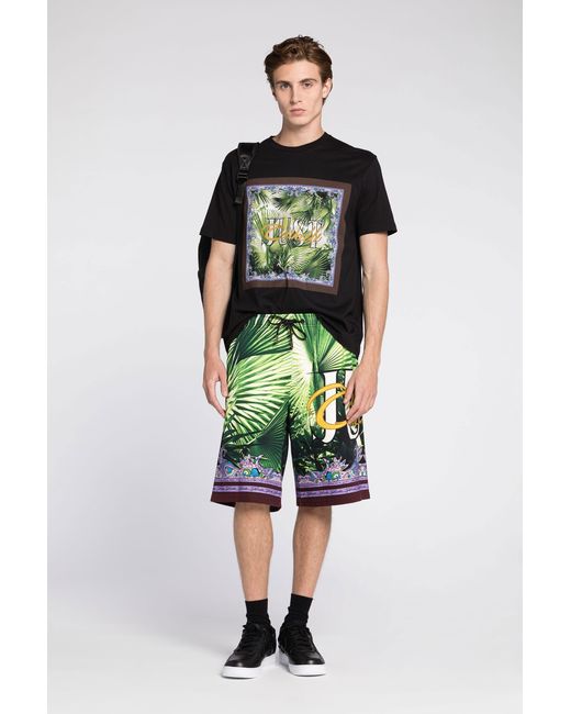 Roberto Cavalli Black Just Cavalli Palm-Print Cotton T-Shirt for men
