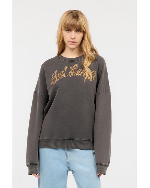 Roberto Cavalli Gray Sweatshirt With Bejeweled Logo Studs