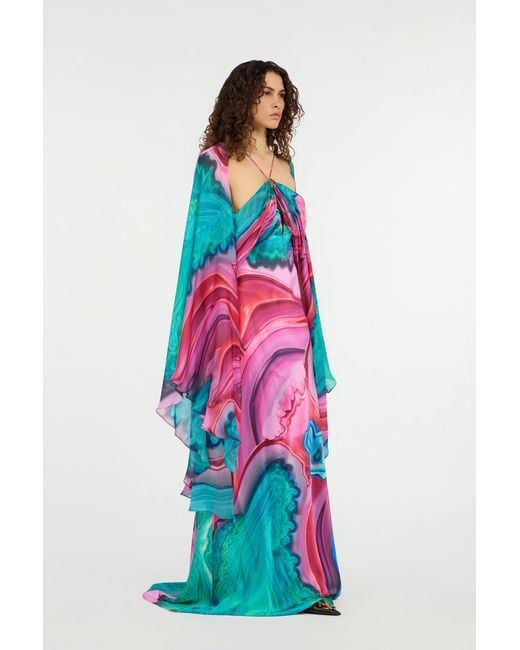 Roberto Cavalli White Long Silk Dress With Cut-Out And Marble Print