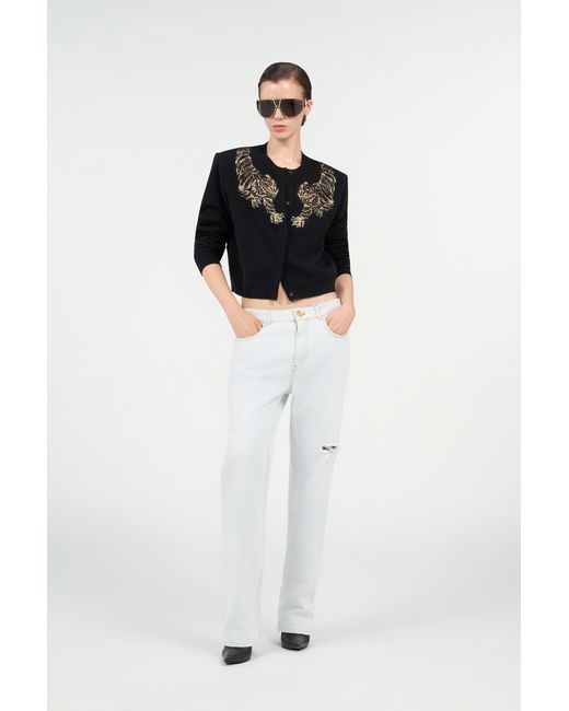 Roberto Cavalli Black Wool Cardigan With Tiger Embroidery