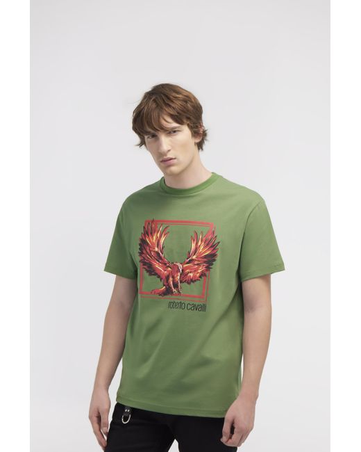 Roberto Cavalli Green T-Shirt With Eagle Logo And Print for men