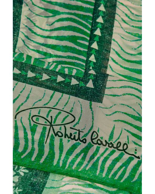 Roberto Cavalli Green Silk Shawl With Zebra Pattern And Logo