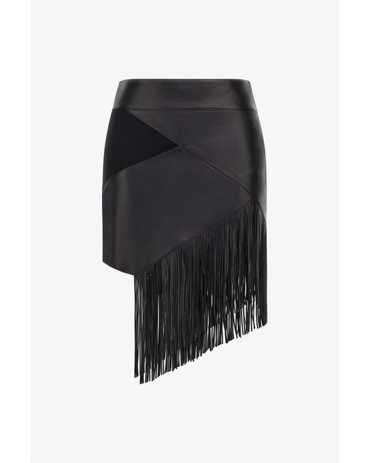 Roberto Cavalli Black Leather Skirt With Fringes