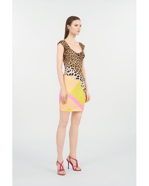 Roberto Cavalli Yellow Mini Dress With Cavalli Pop Print