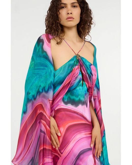 Roberto Cavalli White Long Silk Dress With Cut-Out And Marble Print