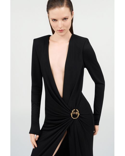 Roberto Cavalli Black Draped Long Dress With Snake Detail