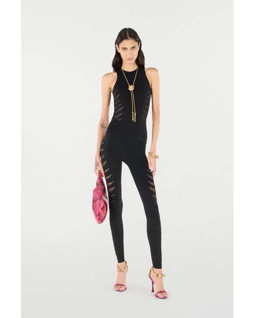 Roberto Cavalli Black Perforated Python Pattern Leggings